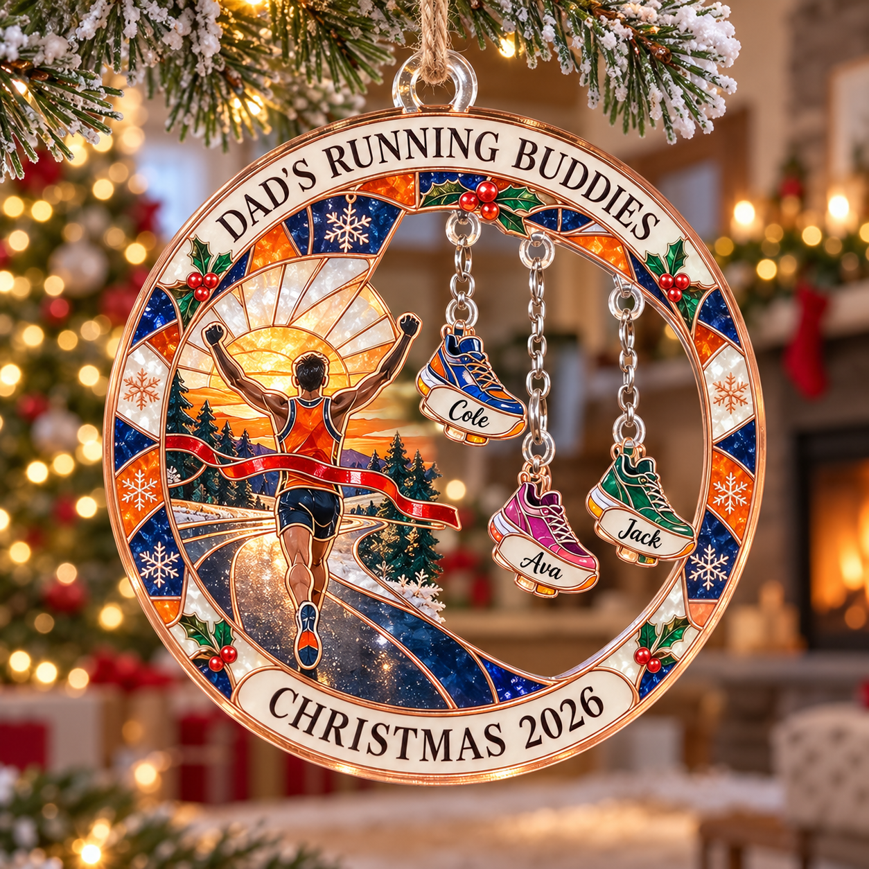 Stained-glass acrylic Christmas ornament with "DAD'S RUNNING BUDDIES" and personalised name charms