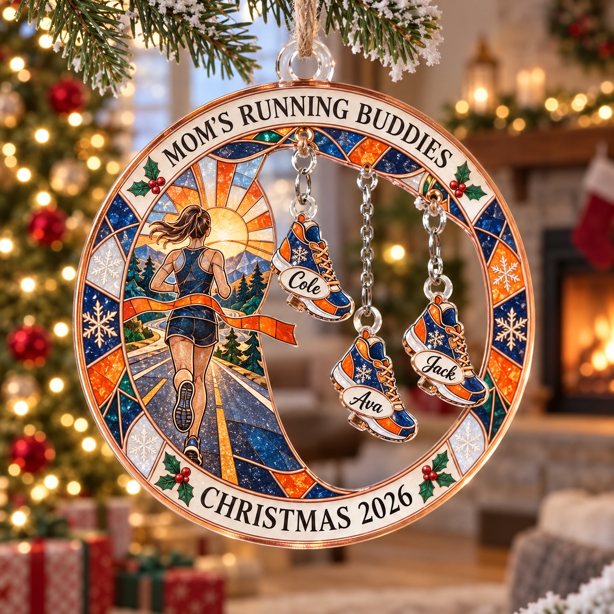 Stained-glass acrylic Christmas ornament with "MOM'S RUNNING BUDDIES" and personalised name charms