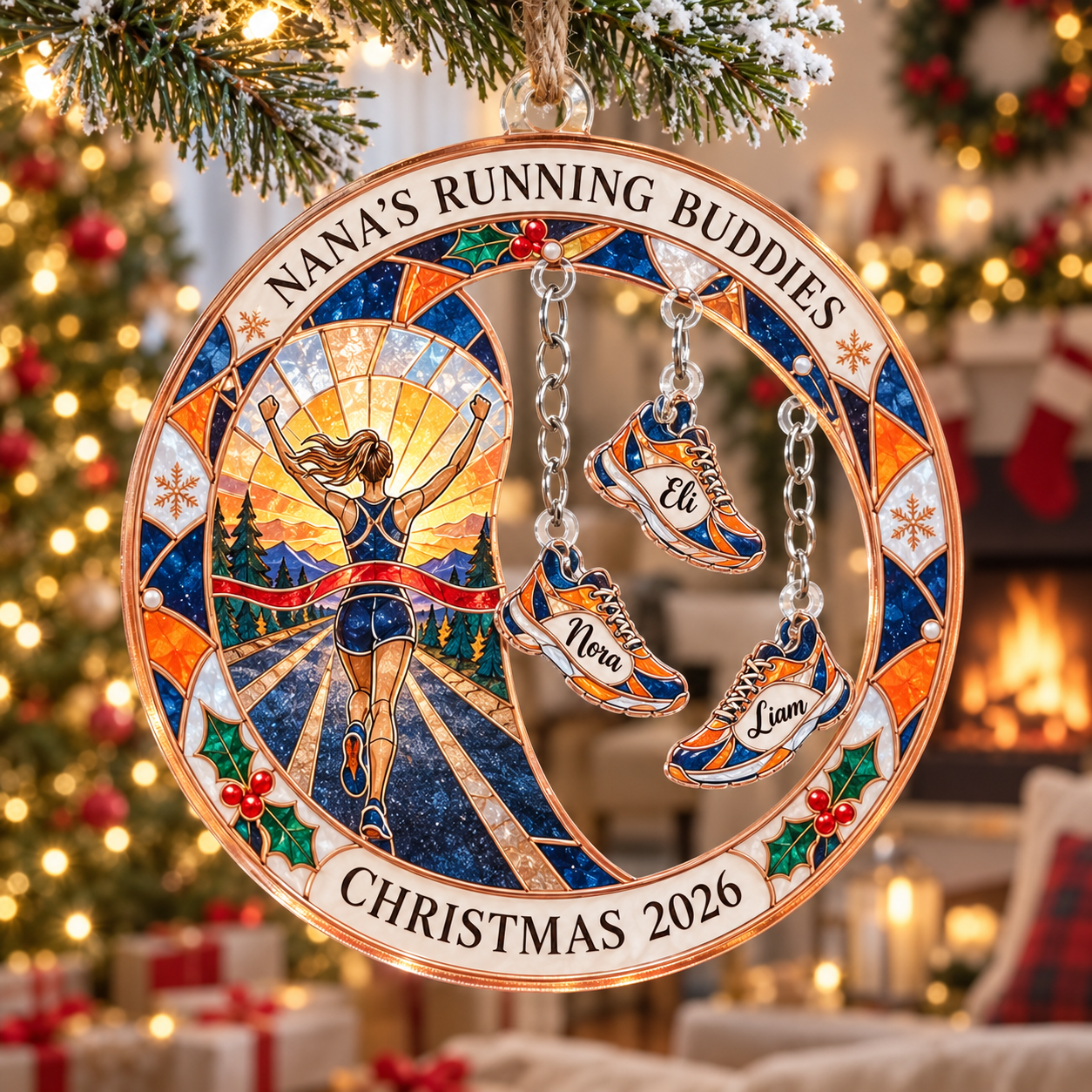 Stained-glass acrylic Christmas ornament with "NANA'S RUNNING BUDDIES" and personalised name charms