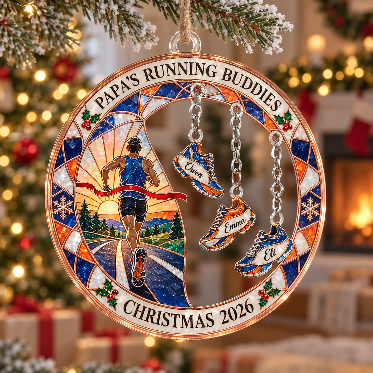 Stained-glass acrylic Christmas ornament with "PAPA'S RUNNING BUDDIES" and personalised name charms