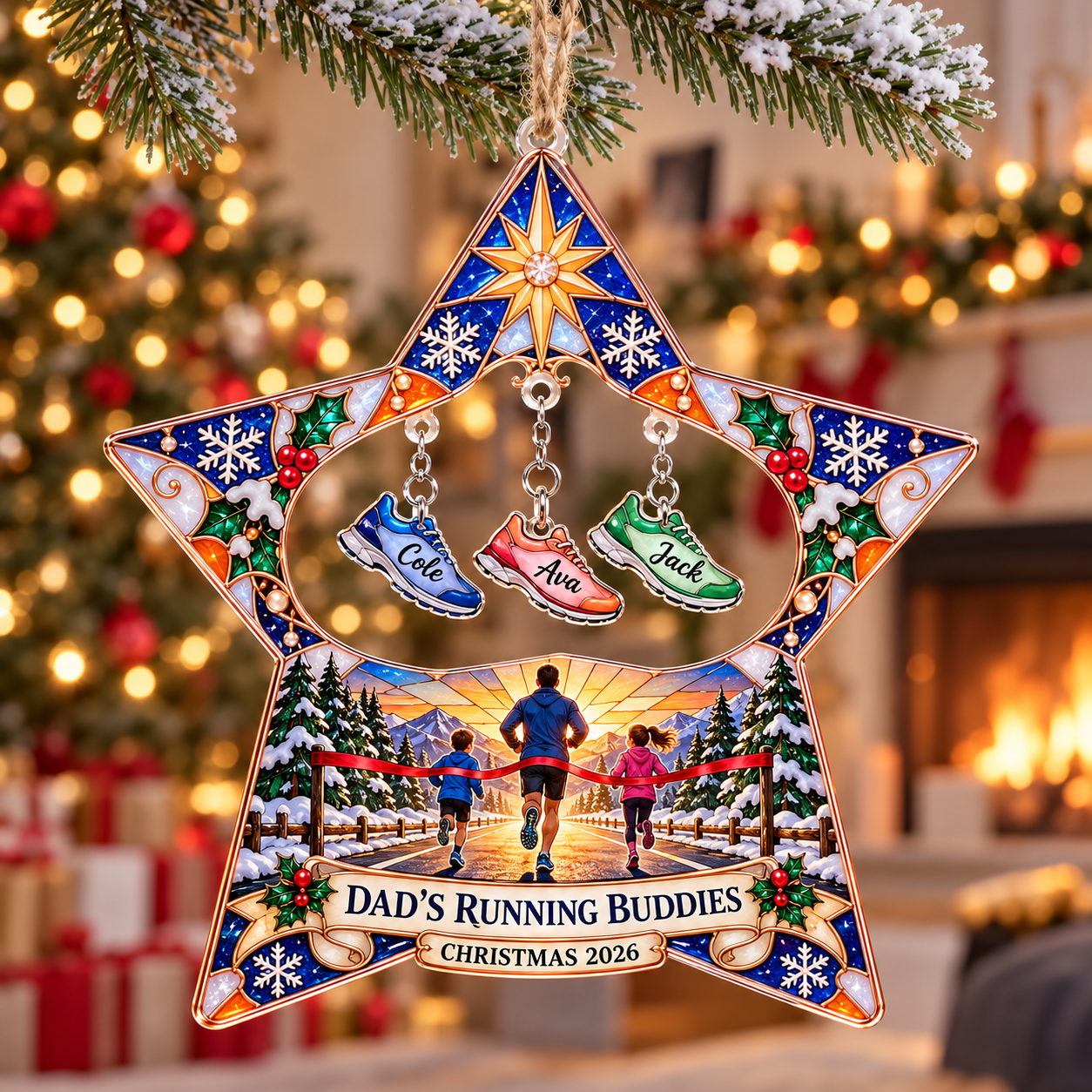 Stained-glass acrylic Christmas ornament with "DAD'S RUNNING BUDDIES" and personalised name charms
