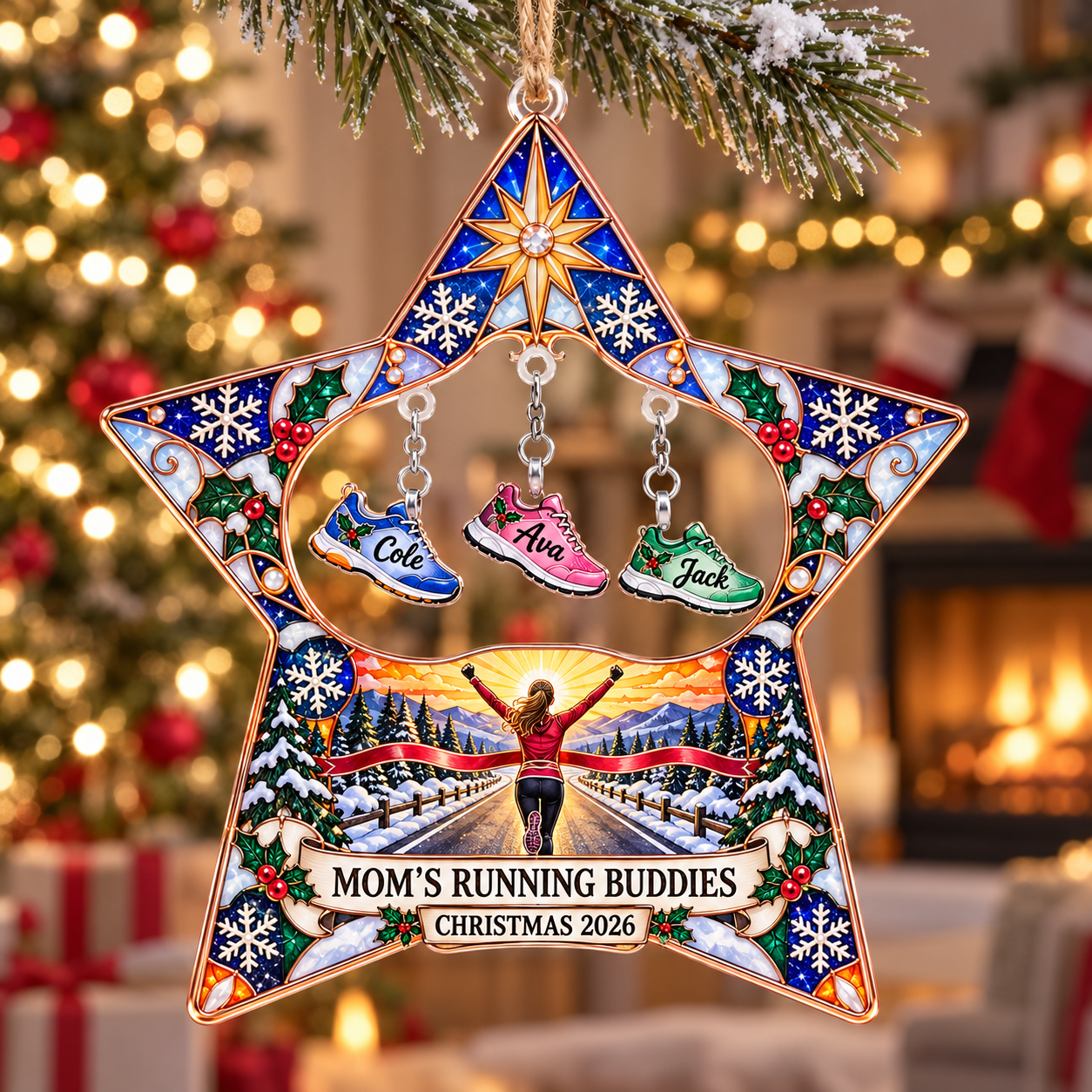 Stained-glass acrylic Christmas ornament with "MOM'S RUNNING BUDDIES" and personalised name charms
