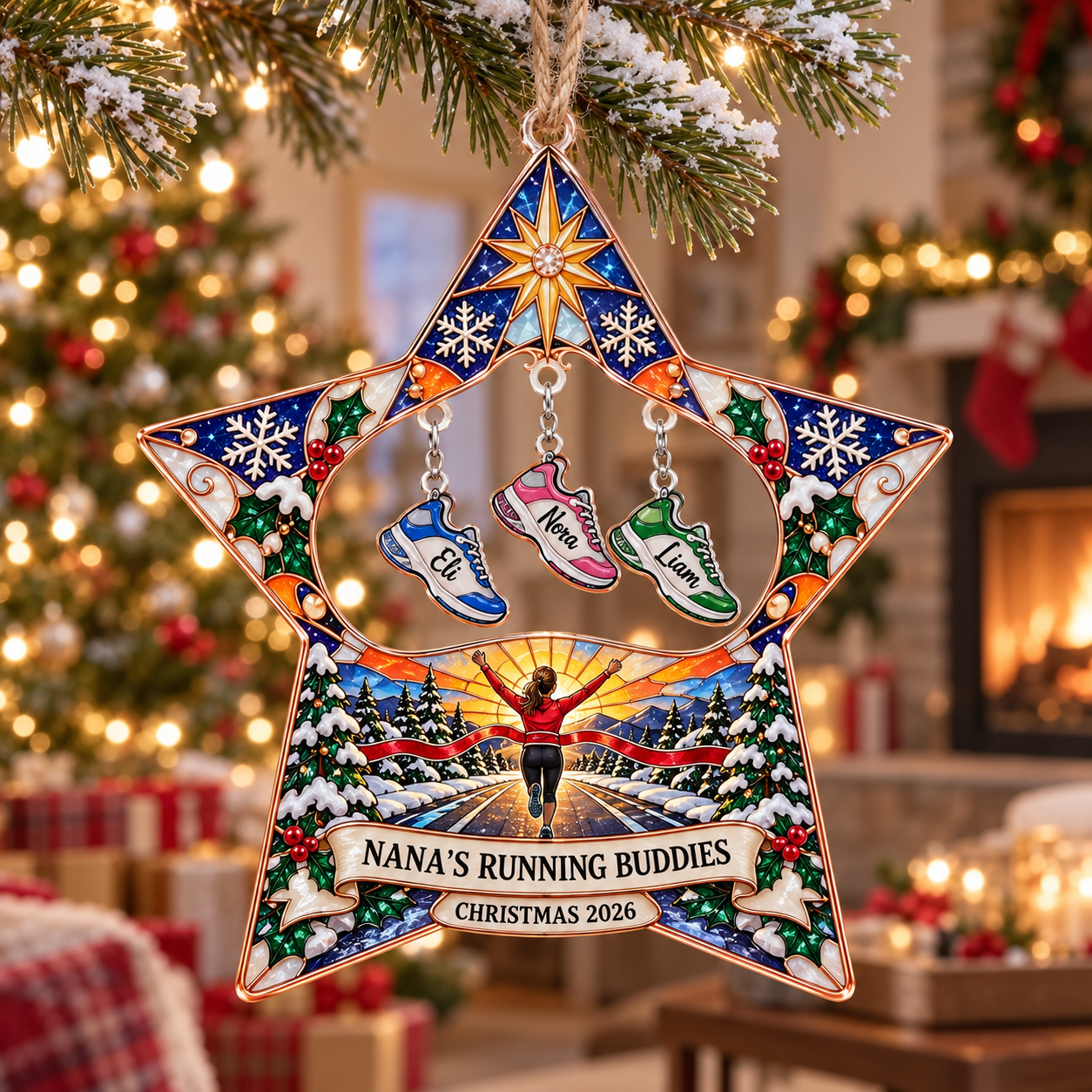 Stained-glass acrylic Christmas ornament with "NANA'S RUNNING BUDDIES" and personalised name charms