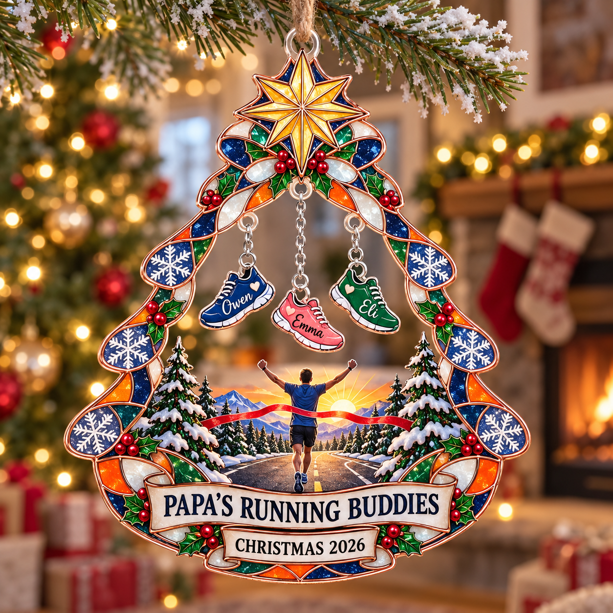 Stained-glass acrylic Christmas ornament with "PAPA'S RUNNING BUDDIES" and personalised name charms