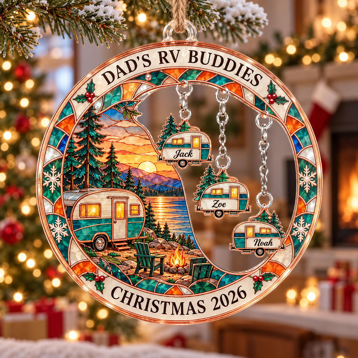 Stained-glass acrylic Christmas ornament with "DAD'S RV BUDDIES" and personalised name charms