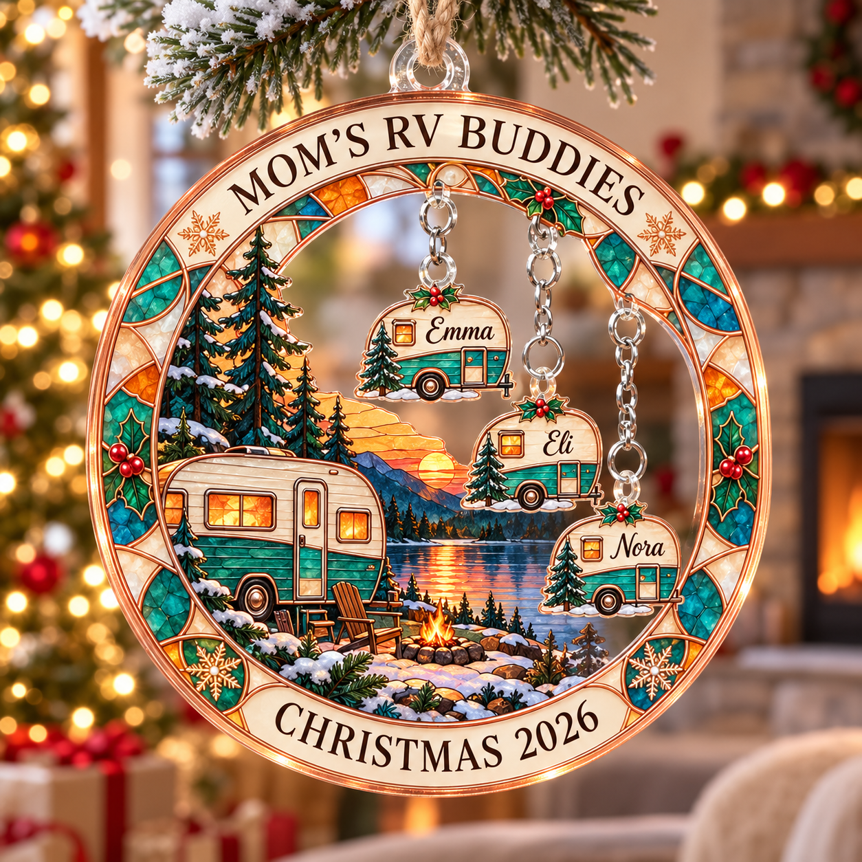 Stained-glass acrylic Christmas ornament with "MOM'S RV BUDDIES" and personalised name charms