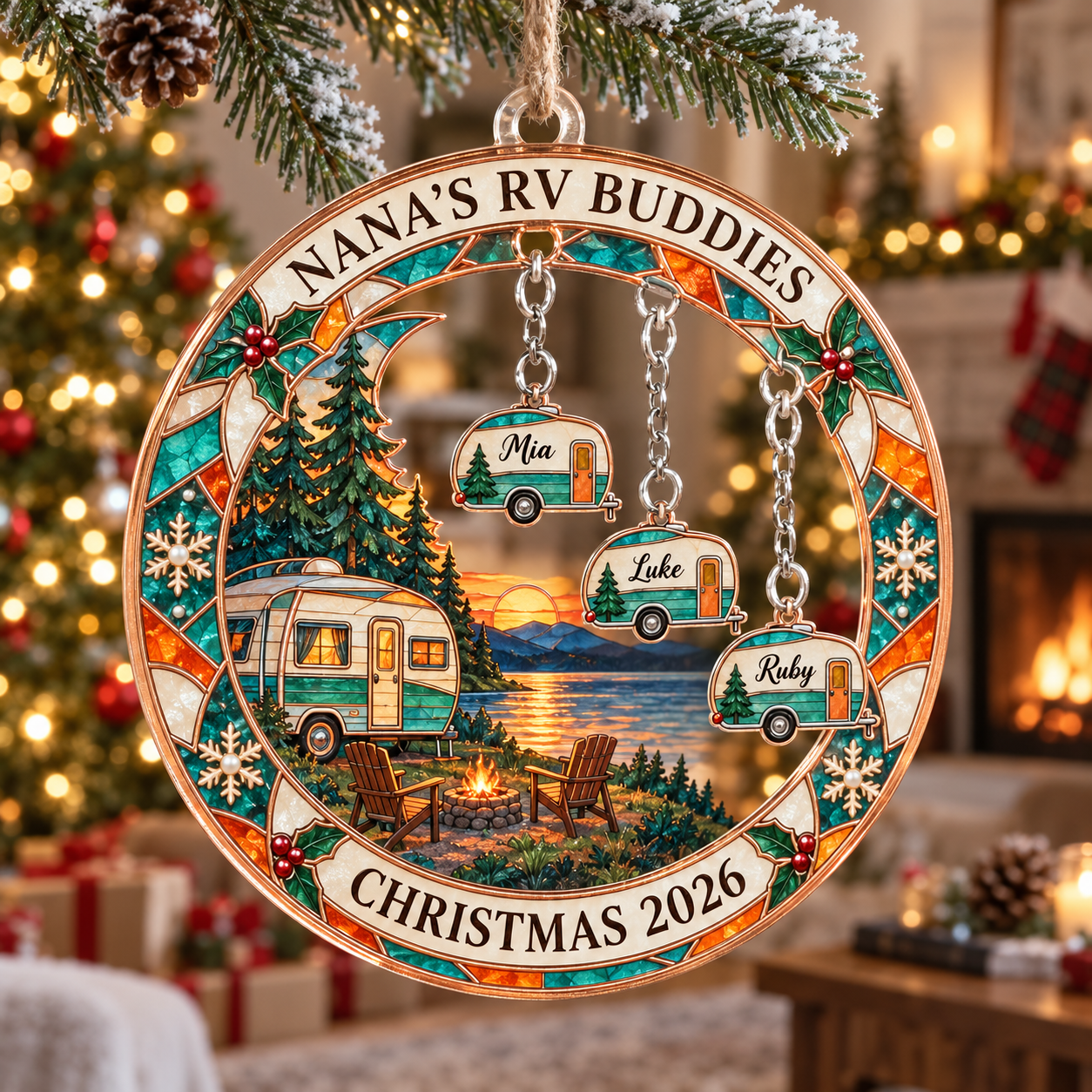 Stained-glass acrylic Christmas ornament with "NANA'S RV BUDDIES" and personalised name charms
