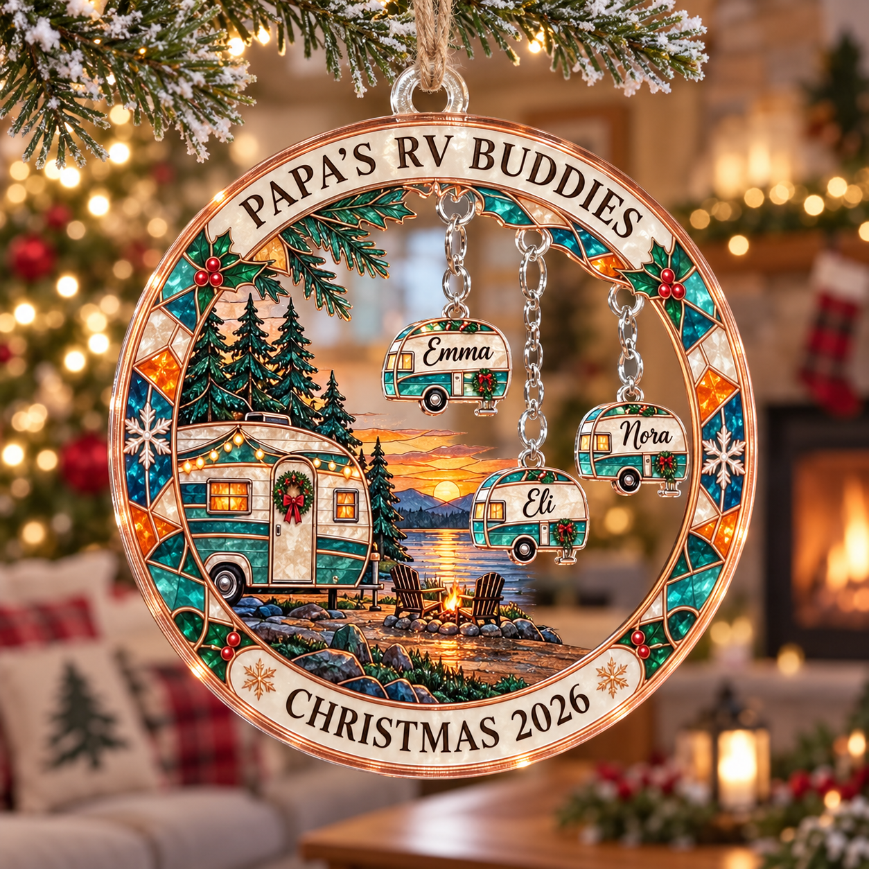 Stained-glass acrylic Christmas ornament with "PAPA'S RV BUDDIES" and personalised name charms