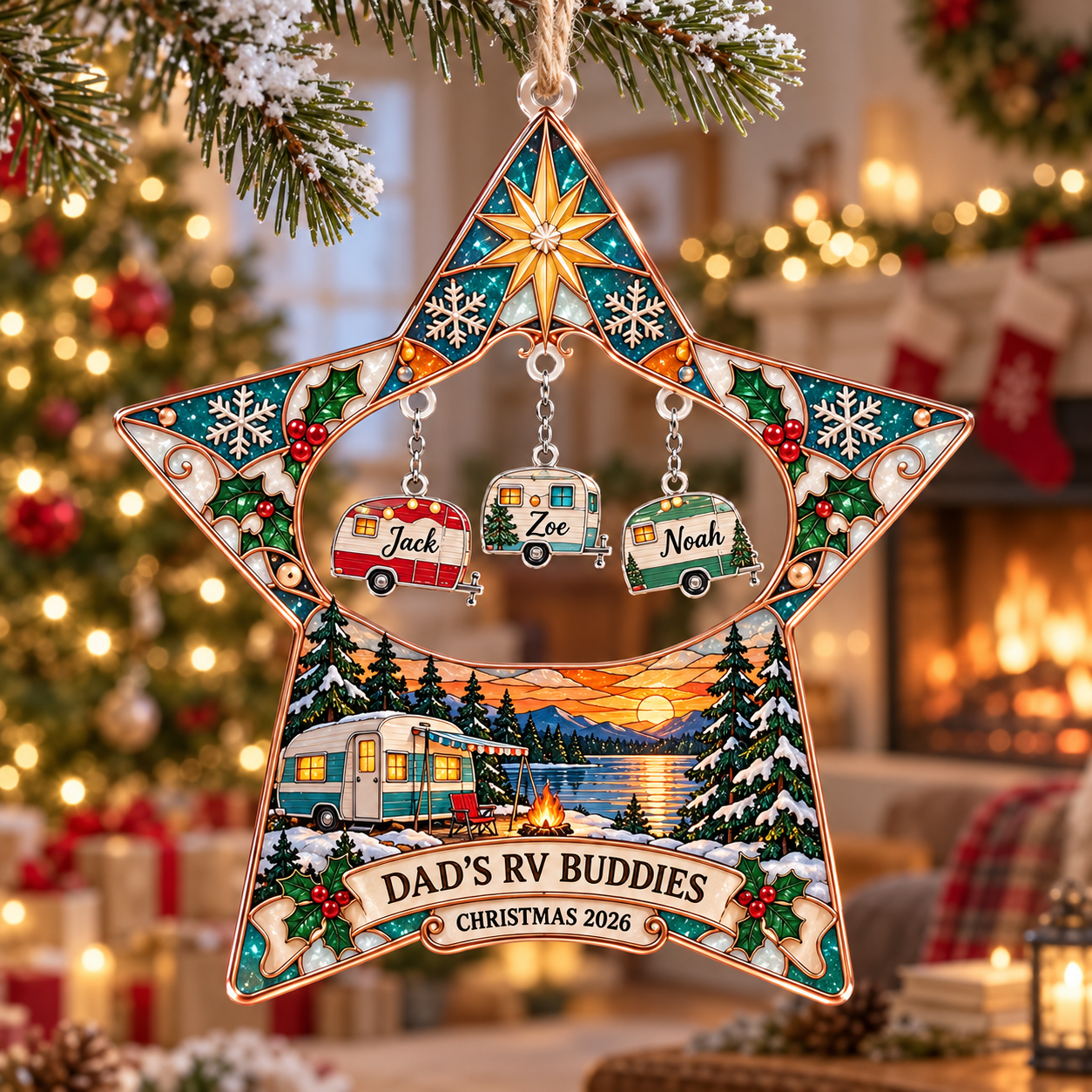 Stained-glass acrylic Christmas ornament with "DAD'S RV BUDDIES" and personalised name charms