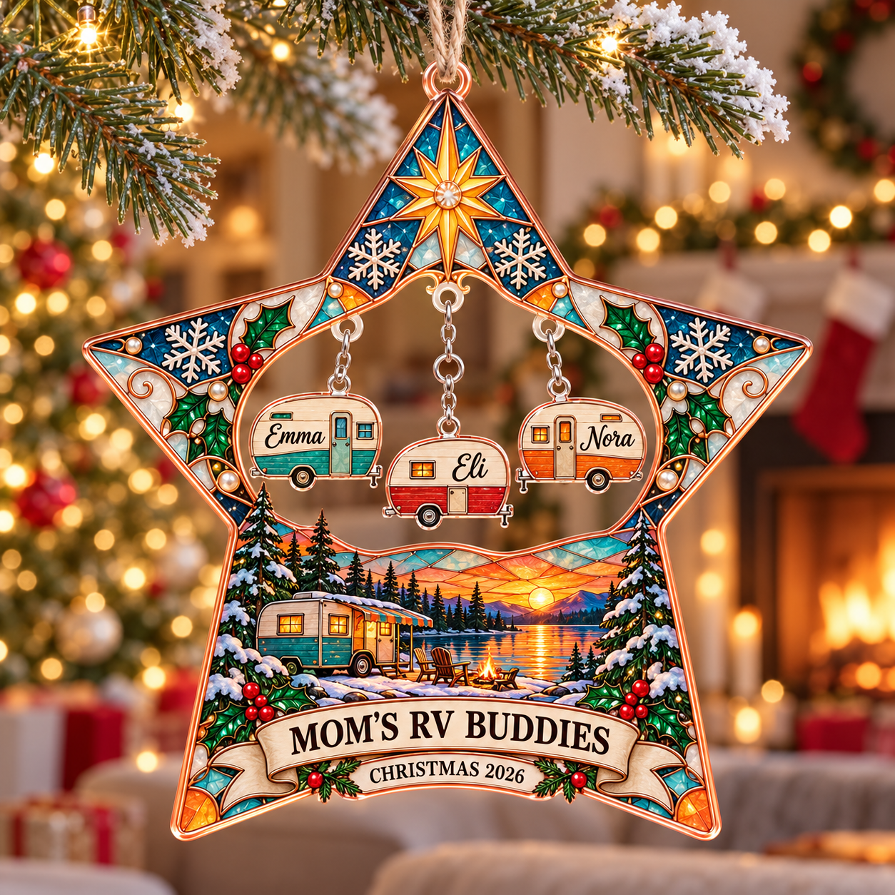 Stained-glass acrylic Christmas ornament with "MOM'S RV BUDDIES" and personalised name charms