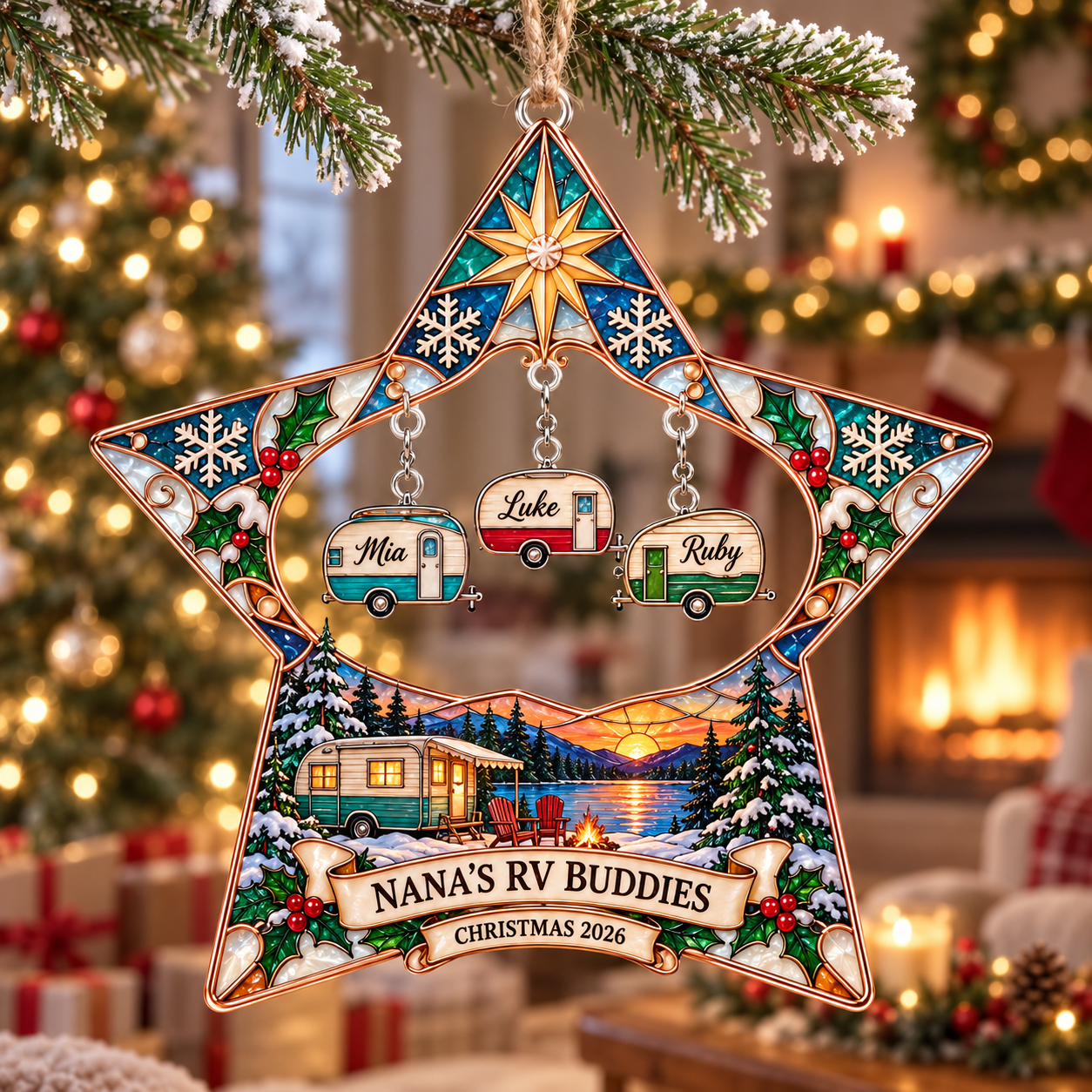 Stained-glass acrylic Christmas ornament with "NANA'S RV BUDDIES" and personalised name charms
