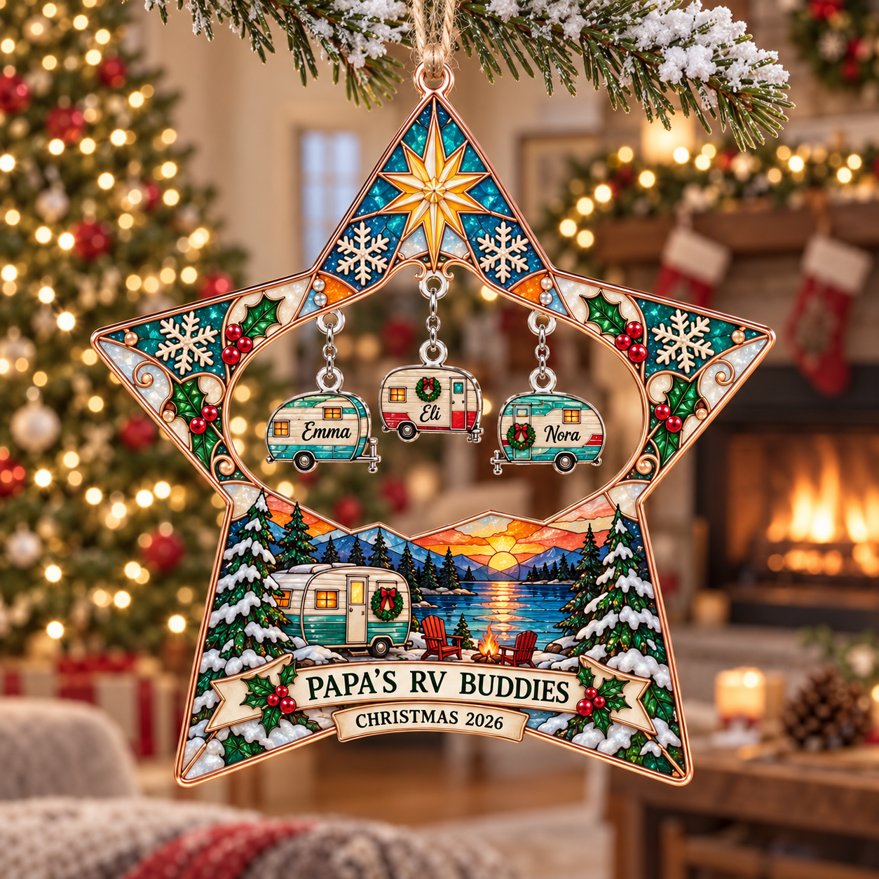 Stained-glass acrylic Christmas ornament with "PAPA'S RV BUDDIES" and personalised name charms