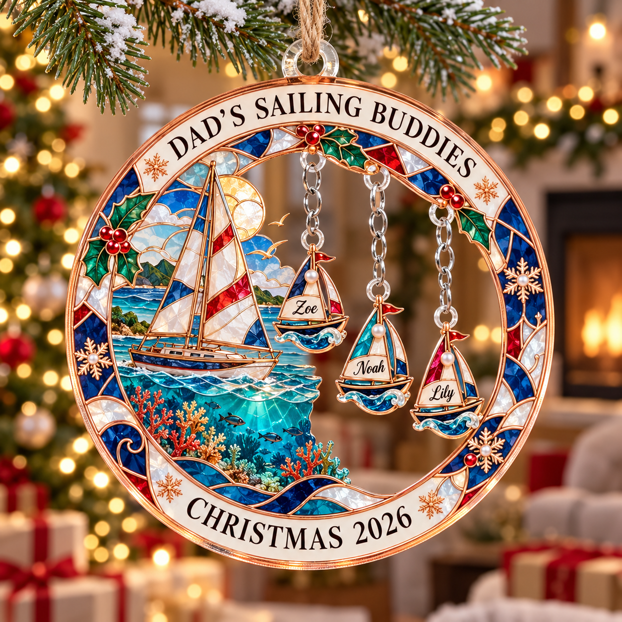 Stained-glass acrylic Christmas ornament with "DAD'S SAILING BUDDIES" and personalised name charms