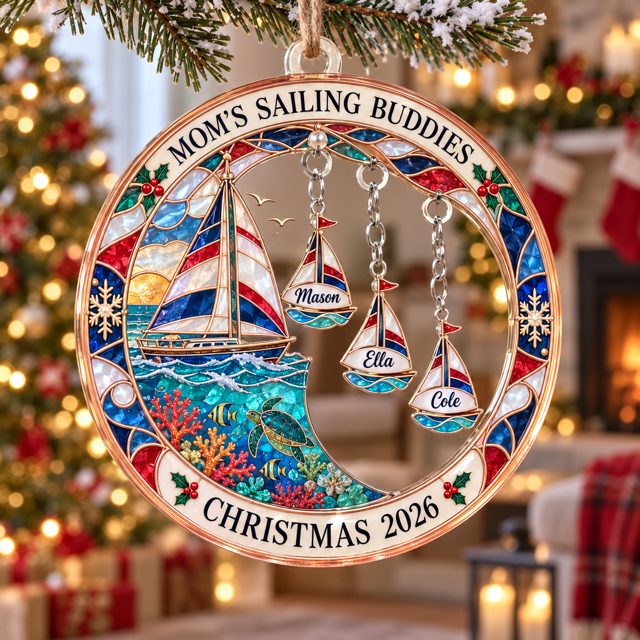 Stained-glass acrylic Christmas ornament with "MOM'S SAILING BUDDIES" and personalised name charms