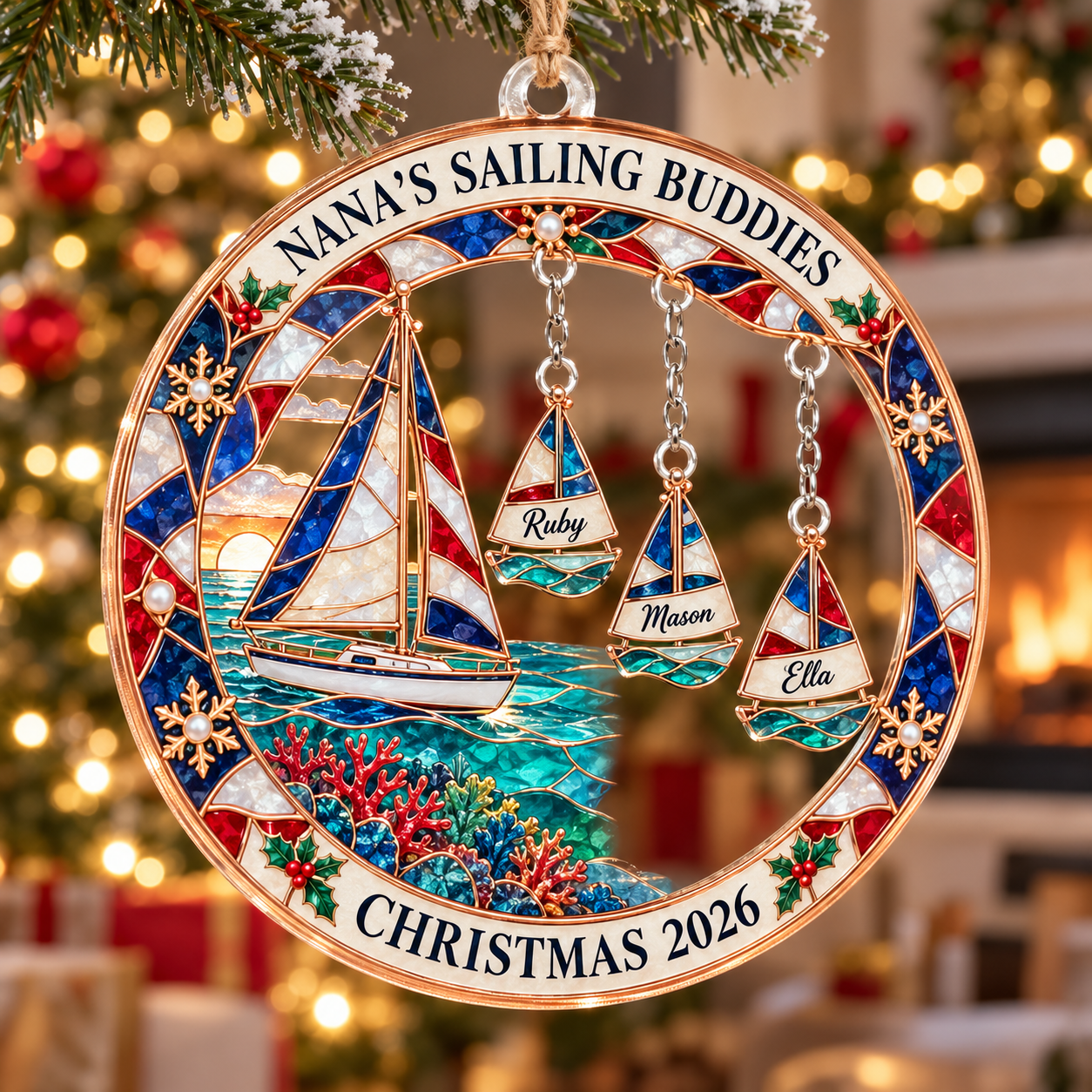 Stained-glass acrylic Christmas ornament with "NANA'S SAILING BUDDIES" and personalised name charms