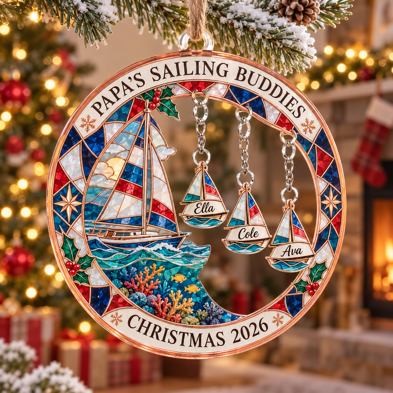 Stained-glass acrylic Christmas ornament with "PAPA'S SAILING BUDDIES" and personalised name charms
