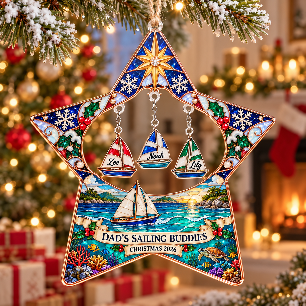 Stained-glass acrylic Christmas ornament with "DAD'S SAILING BUDDIES" and personalised name charms