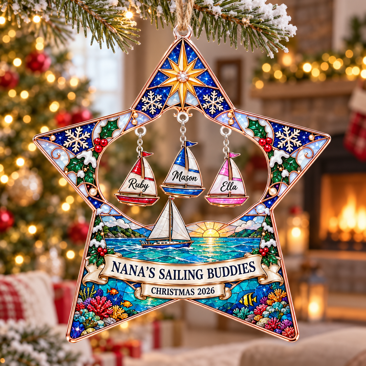 Stained-glass acrylic Christmas ornament with "NANA'S SAILING BUDDIES" and personalised name charms