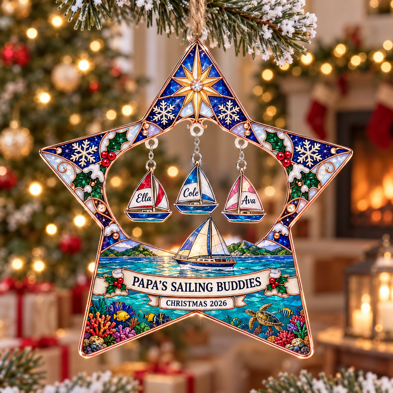 Stained-glass acrylic Christmas ornament with "PAPA'S SAILING BUDDIES" and personalised name charms