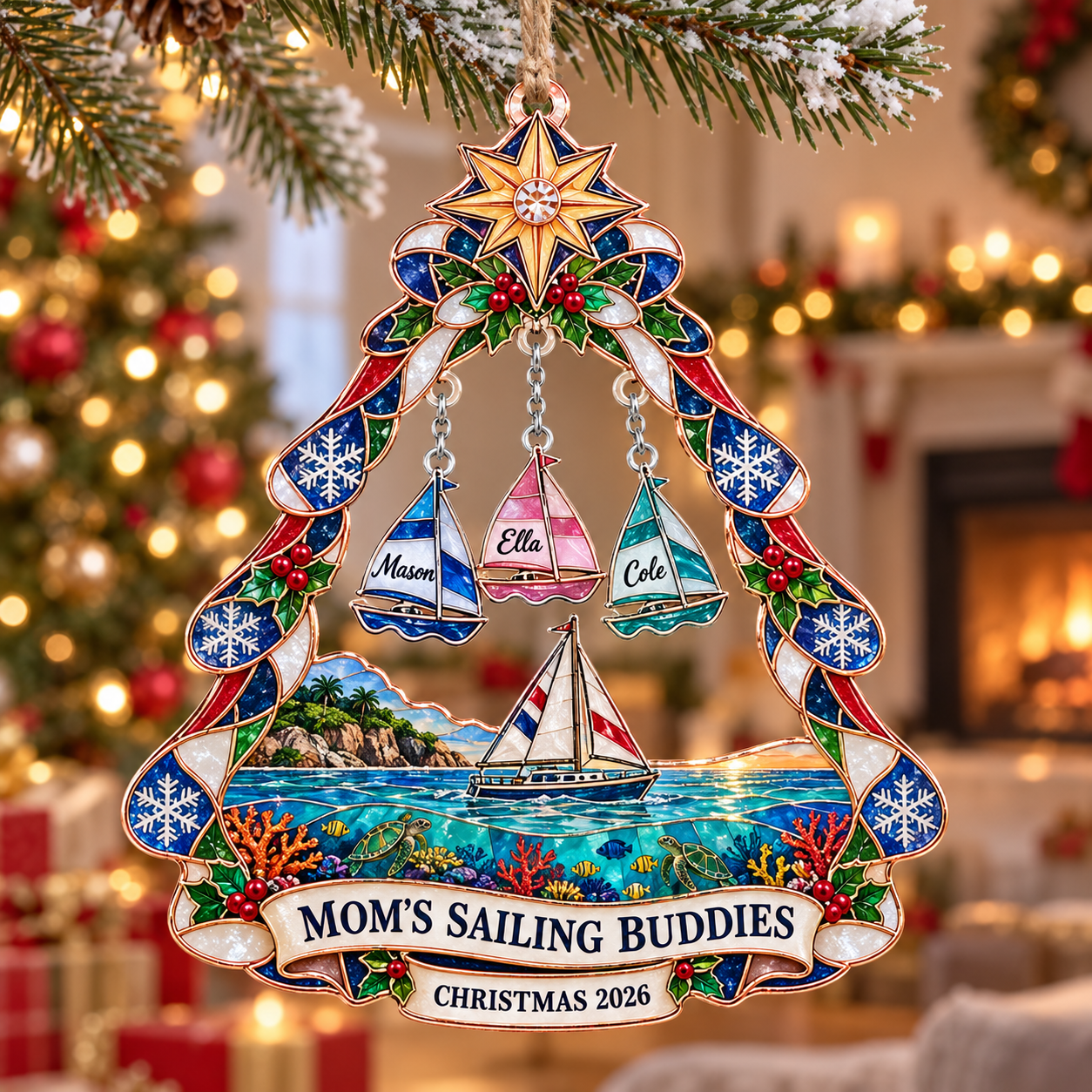 Stained-glass acrylic Christmas ornament with "MOM'S SAILING BUDDIES" and personalised name charms