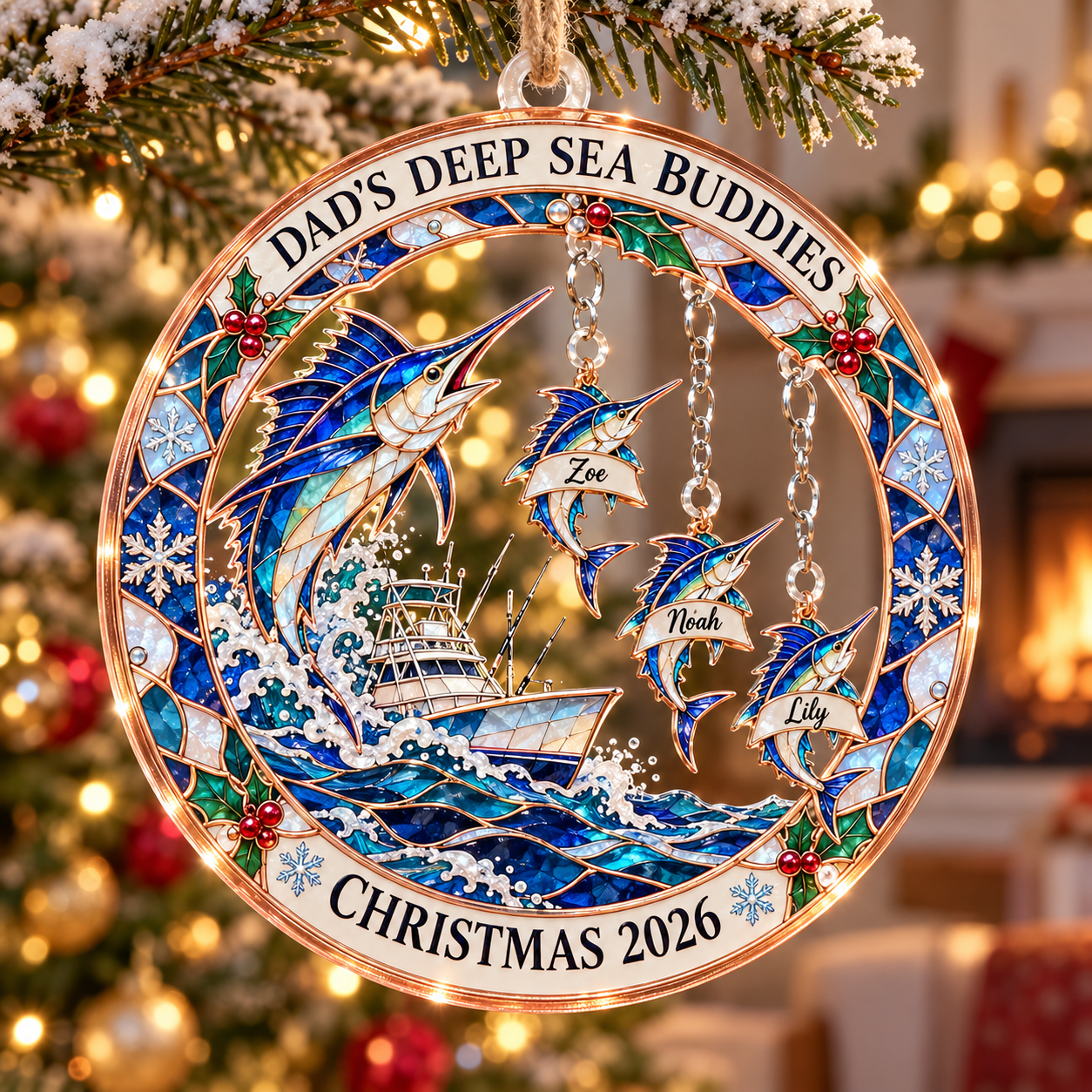 Stained-glass acrylic Christmas ornament with "DAD'S DEEP SEA BUDDIES" and personalised name charms