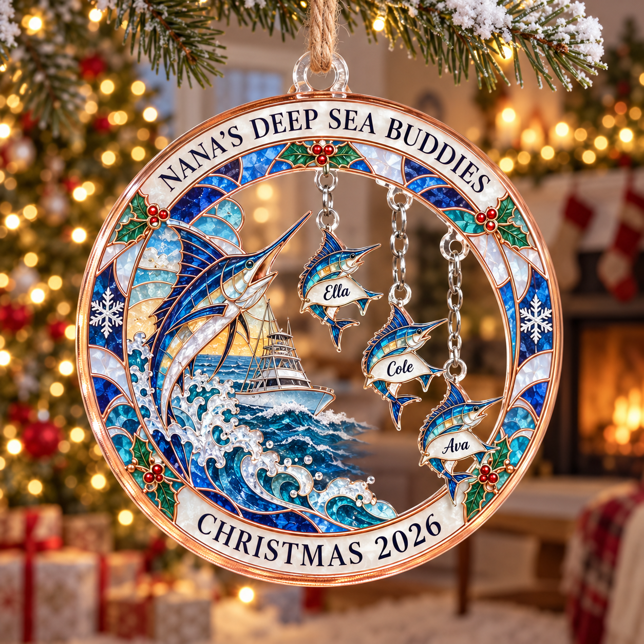 Stained-glass acrylic Christmas ornament with "NANA'S DEEP SEA BUDDIES" and personalised name charms