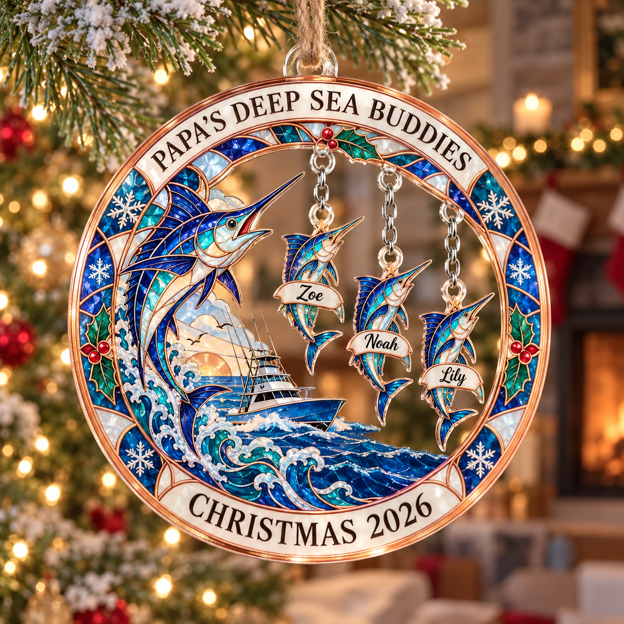 Stained-glass acrylic Christmas ornament with "PAPA'S DEEP SEA BUDDIES" and personalised name charms
