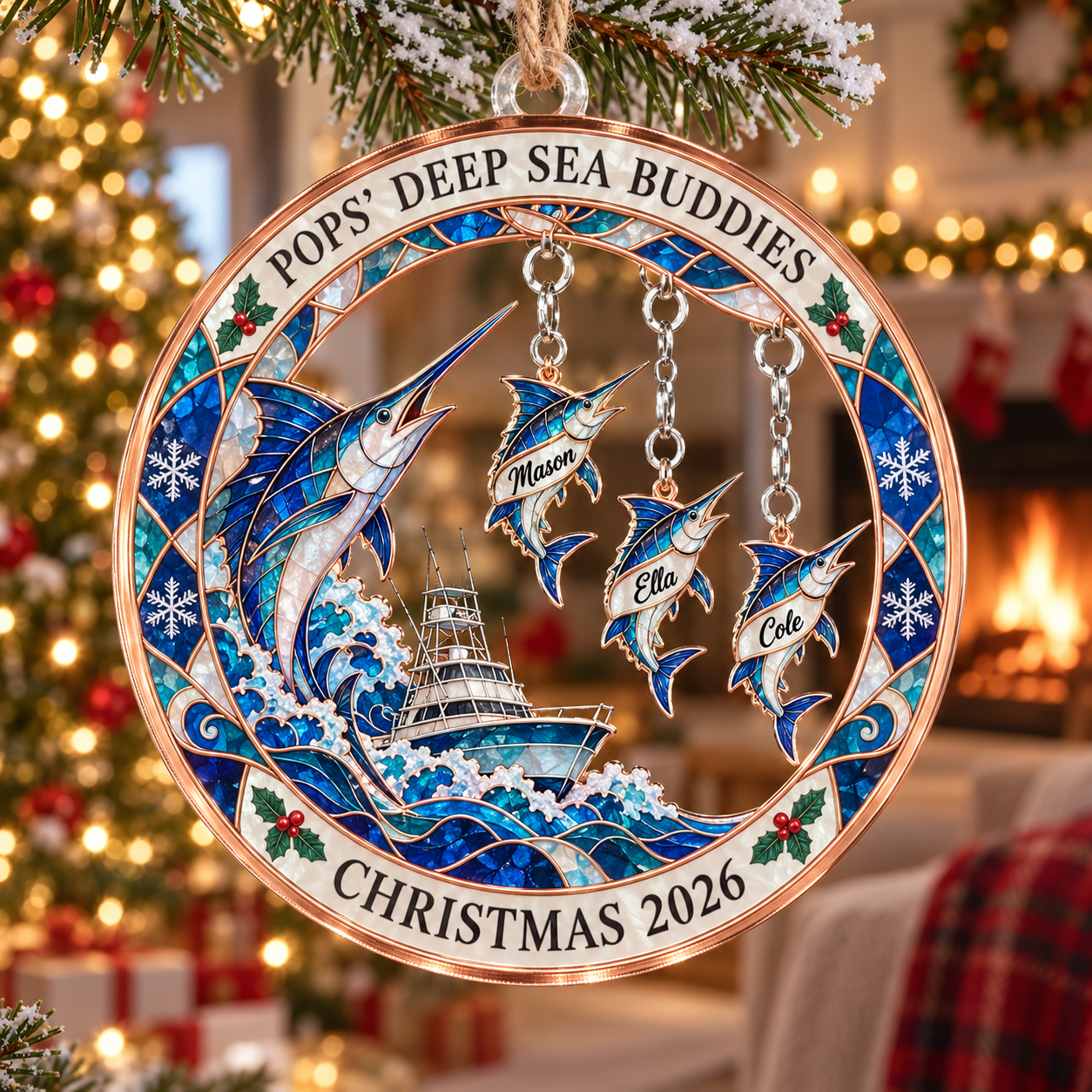 Stained-glass acrylic Christmas ornament with "POPS' DEEP SEA BUDDIES" and personalised name charms
