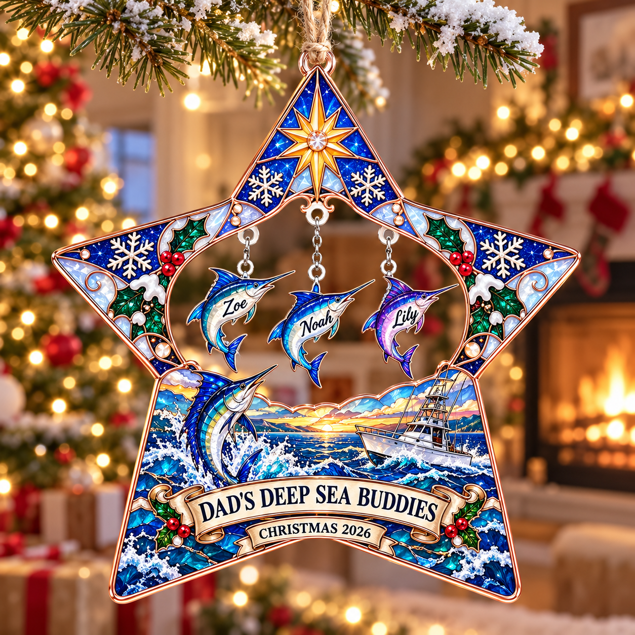 Stained-glass acrylic Christmas ornament with "DAD'S DEEP SEA BUDDIES" and personalised name charms
