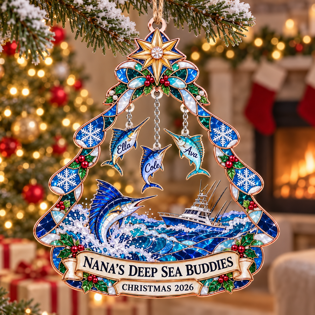 Stained-glass acrylic Christmas ornament with "NANA'S DEEP SEA BUDDIES" and personalised name charms