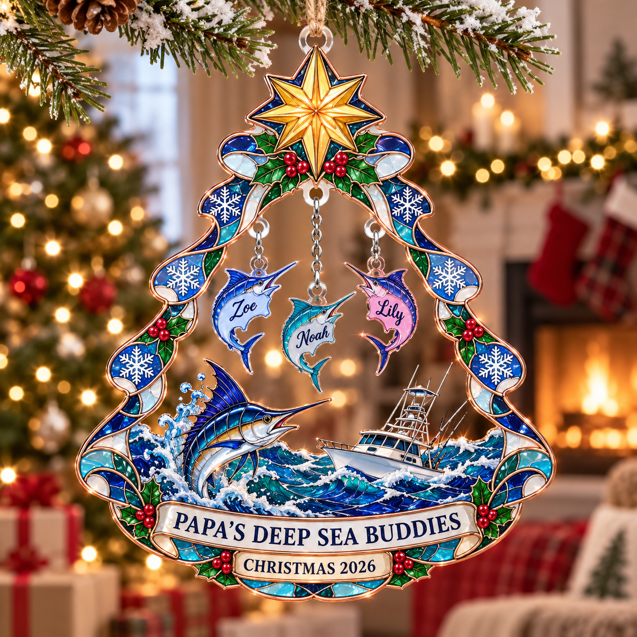 Stained-glass acrylic Christmas ornament with "PAPA'S DEEP SEA BUDDIES" and personalised name charms