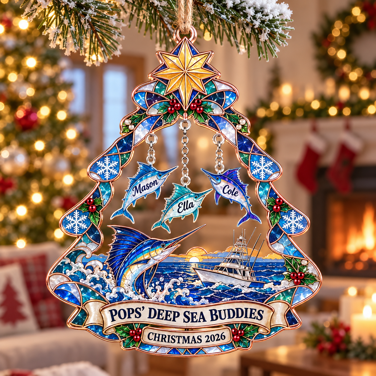 Stained-glass acrylic Christmas ornament with "POPS' DEEP SEA BUDDIES" and personalised name charms