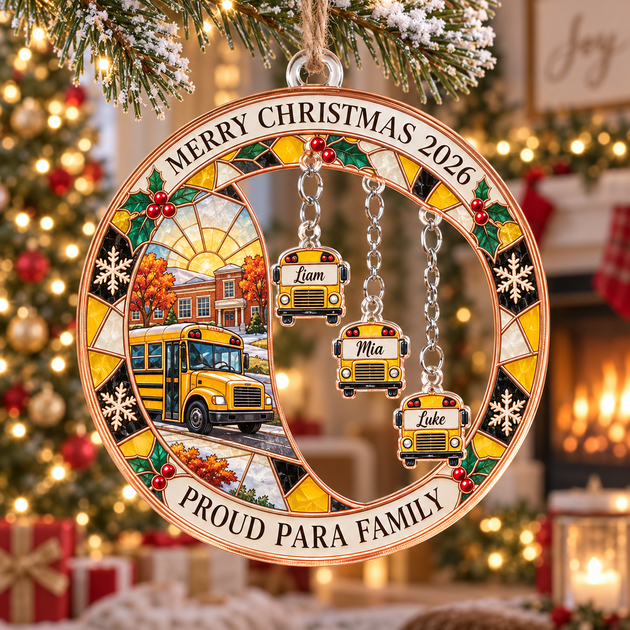 Stained-glass acrylic Christmas ornament with "PROUD PARA FAMILY" and personalised name charms