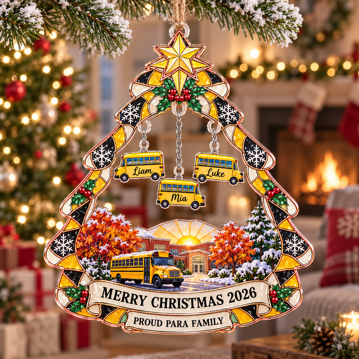 Stained-glass acrylic Christmas ornament with "PROUD PARA FAMILY" and personalised name charms