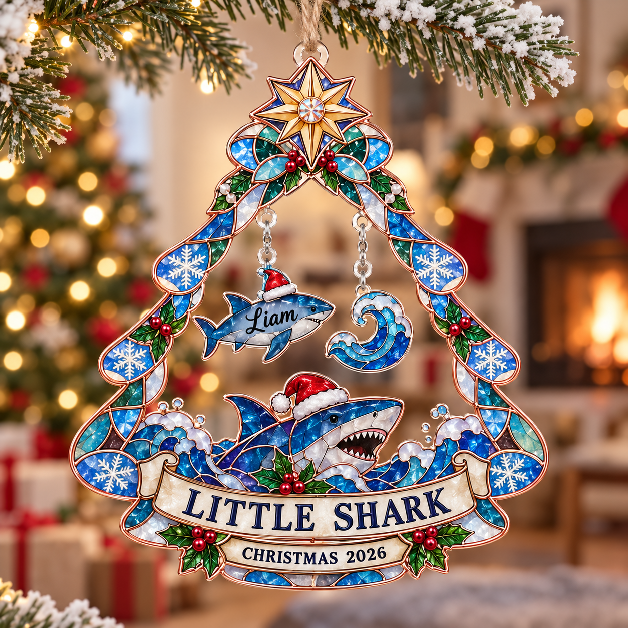 Stained-glass acrylic Christmas ornament with "LITTLE SHARK" and personalised name charms