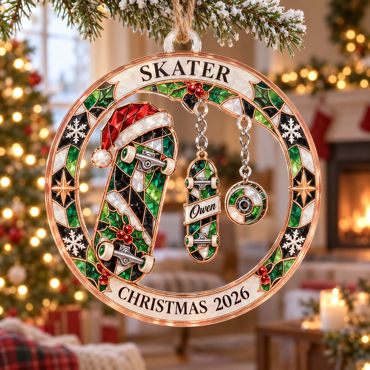 Stained-glass acrylic Christmas ornament with "SKATER" and personalised name charms