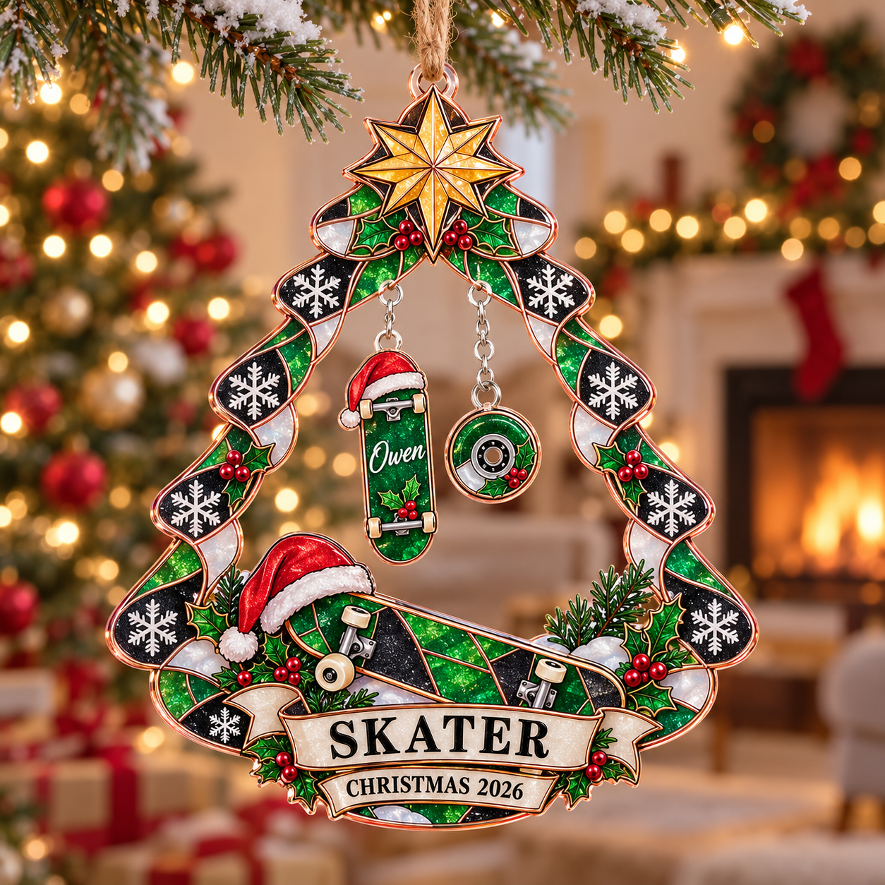 Stained-glass acrylic Christmas ornament with "SKATER" and personalised name charms