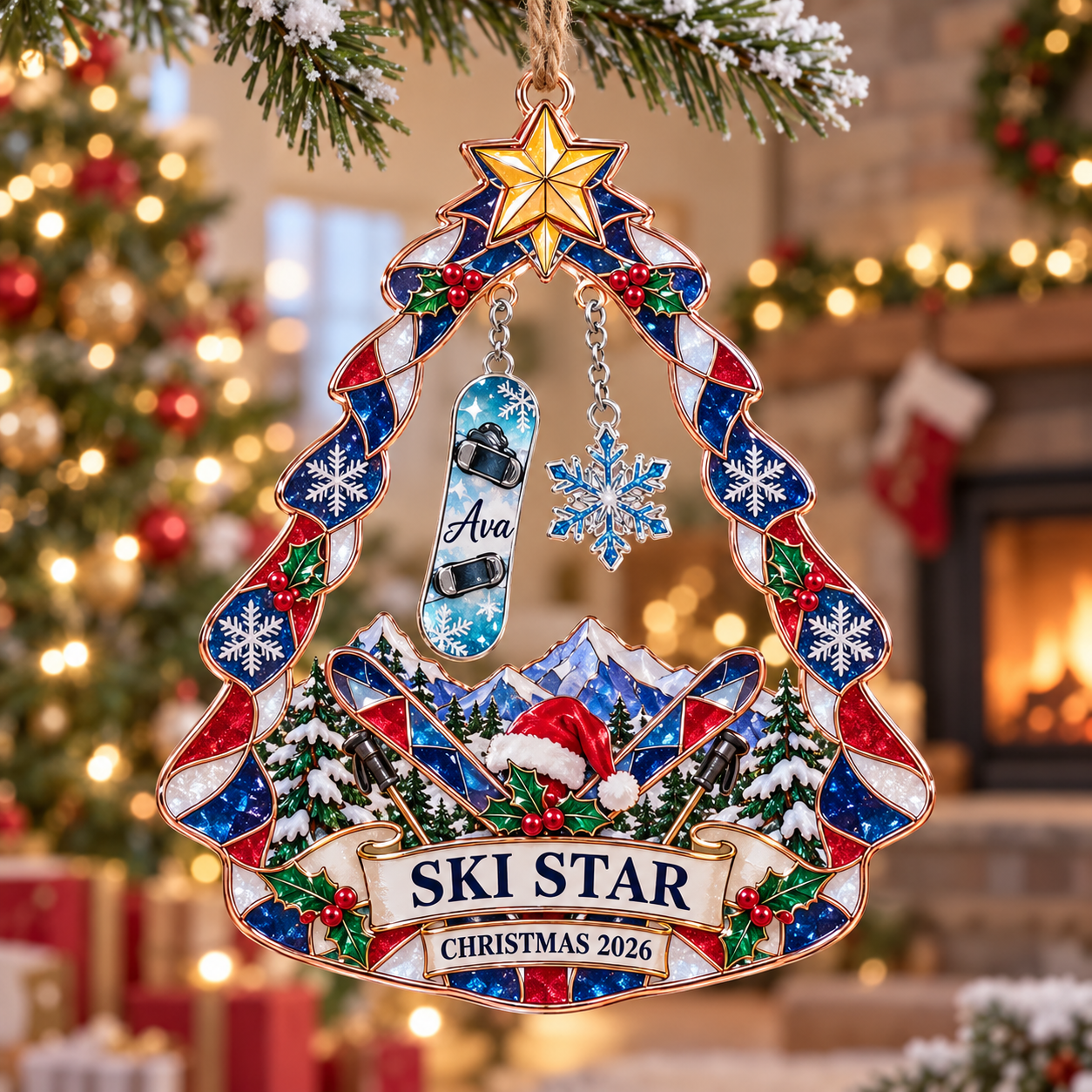 Stained-glass acrylic Christmas ornament with "SKI STAR" and personalised name charms