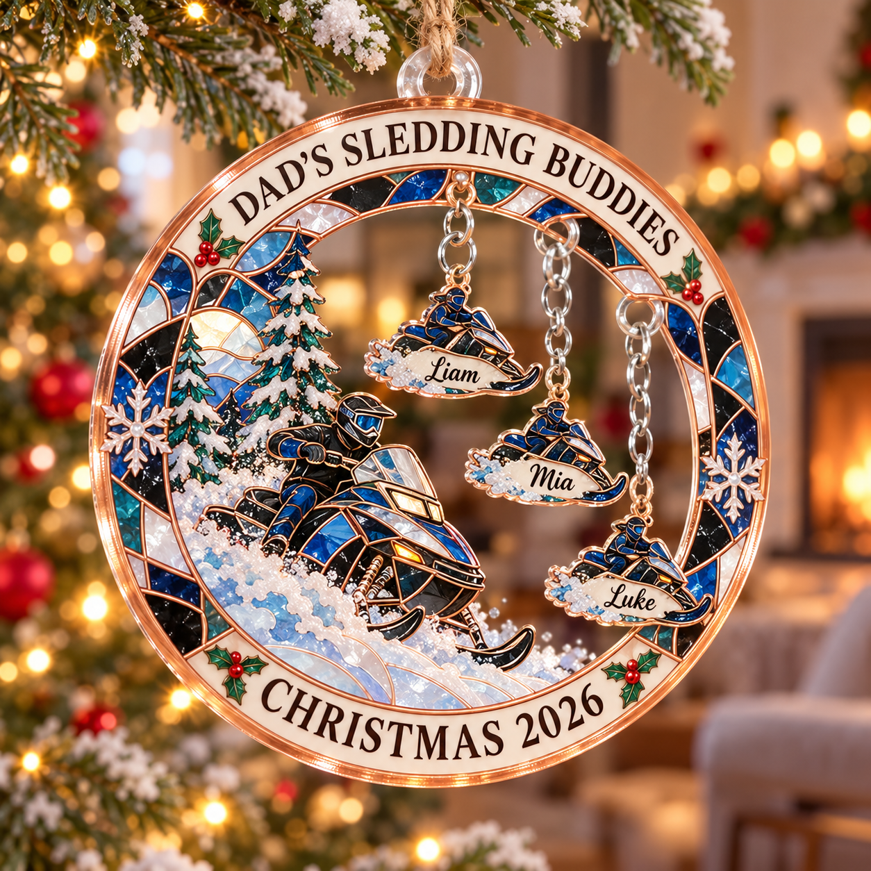 Stained-glass acrylic Christmas ornament with "DAD'S SLEDDING BUDDIES" and personalised name charms