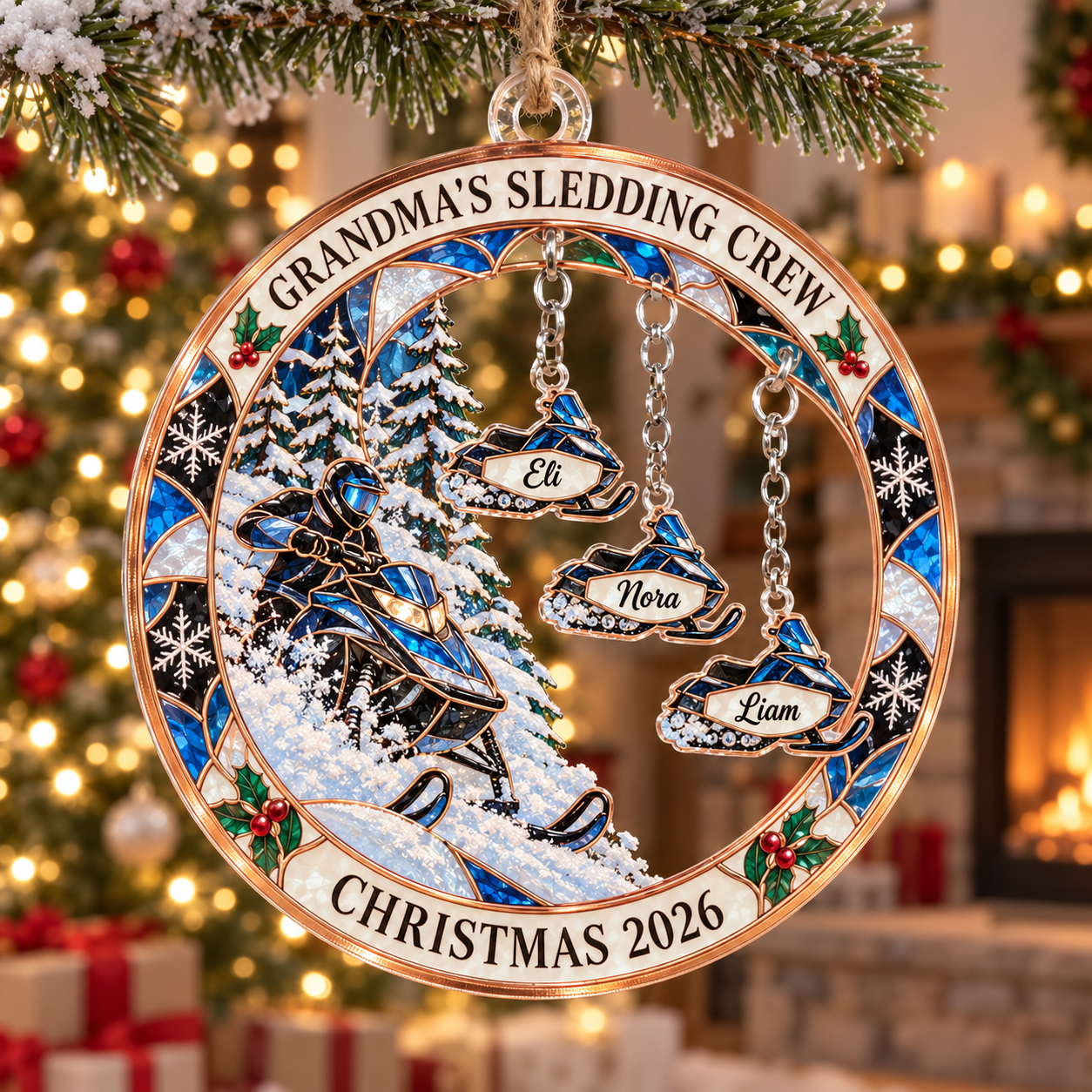 Stained-glass acrylic Christmas ornament with "GRANDMA'S SLEDDING CREW" and personalised name charms