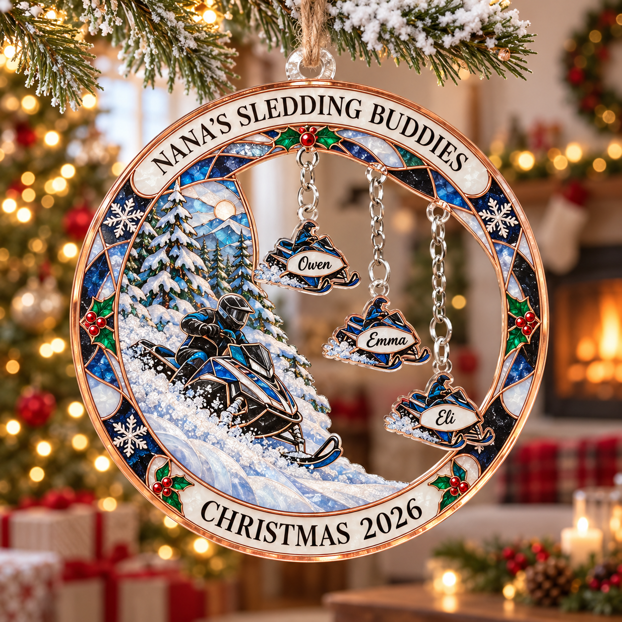 Stained-glass acrylic Christmas ornament with "NANA'S SLEDDING BUDDIES" and personalised name charms