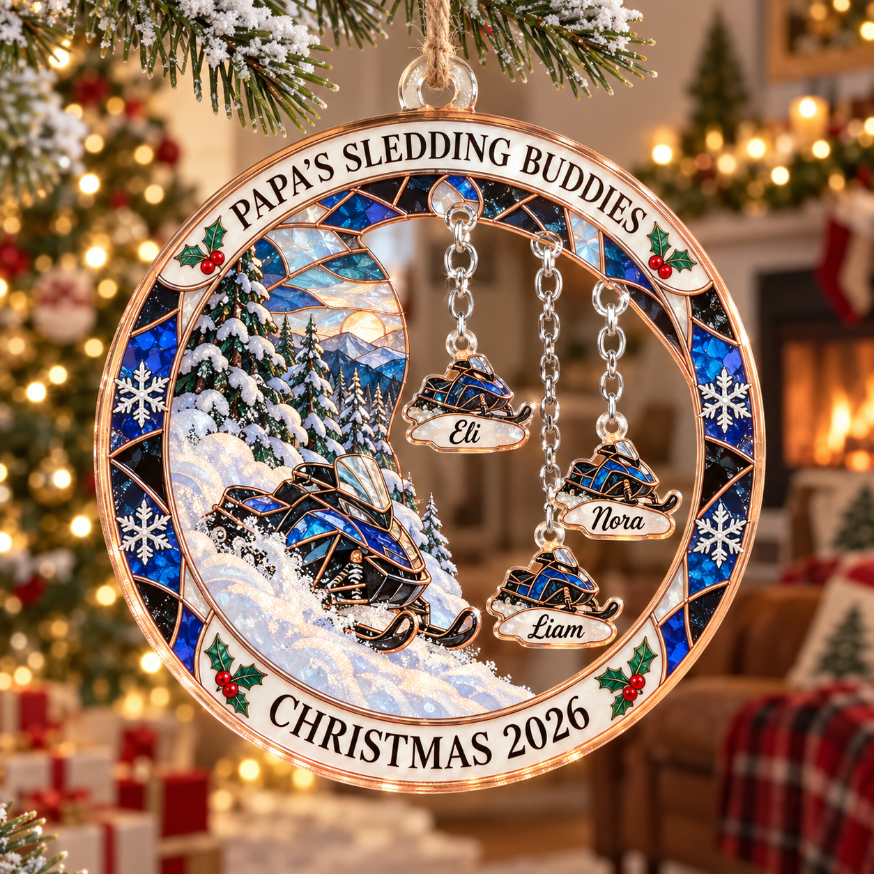 Stained-glass acrylic Christmas ornament with "PAPA'S SLEDDING BUDDIES" and personalised name charms