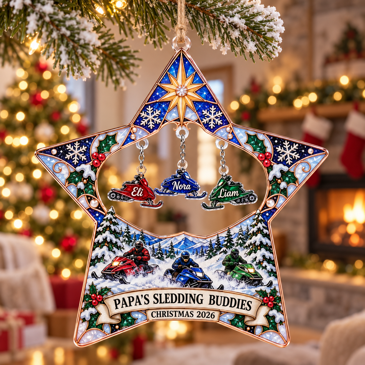 Stained-glass acrylic Christmas ornament with "PAPA'S SLEDDING BUDDIES" and personalised name charms