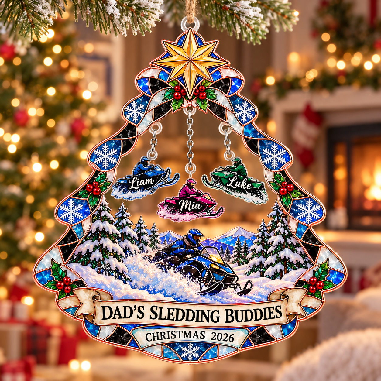 Stained-glass acrylic Christmas ornament with "DAD'S SLEDDING BUDDIES" and personalised name charms