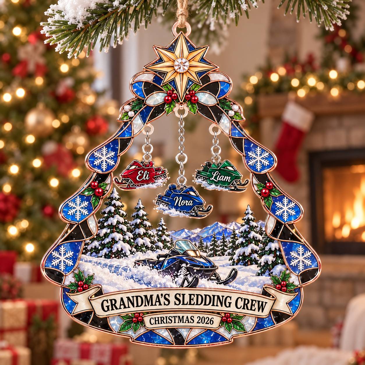 Stained-glass acrylic Christmas ornament with "GRANDMA'S SLEDDING CREW" and personalised name charms