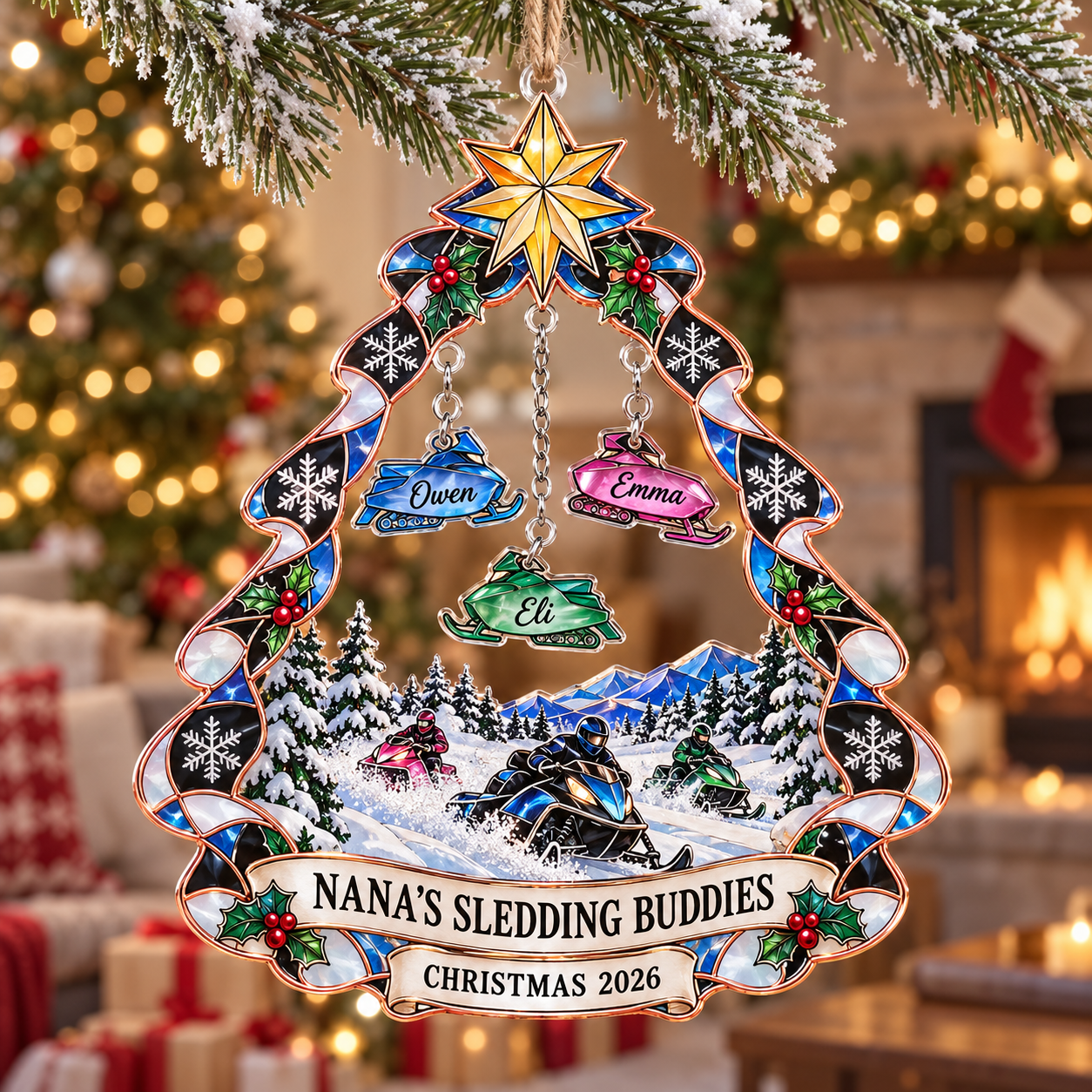 Stained-glass acrylic Christmas ornament with "NANA'S SLEDDING BUDDIES" and personalised name charms