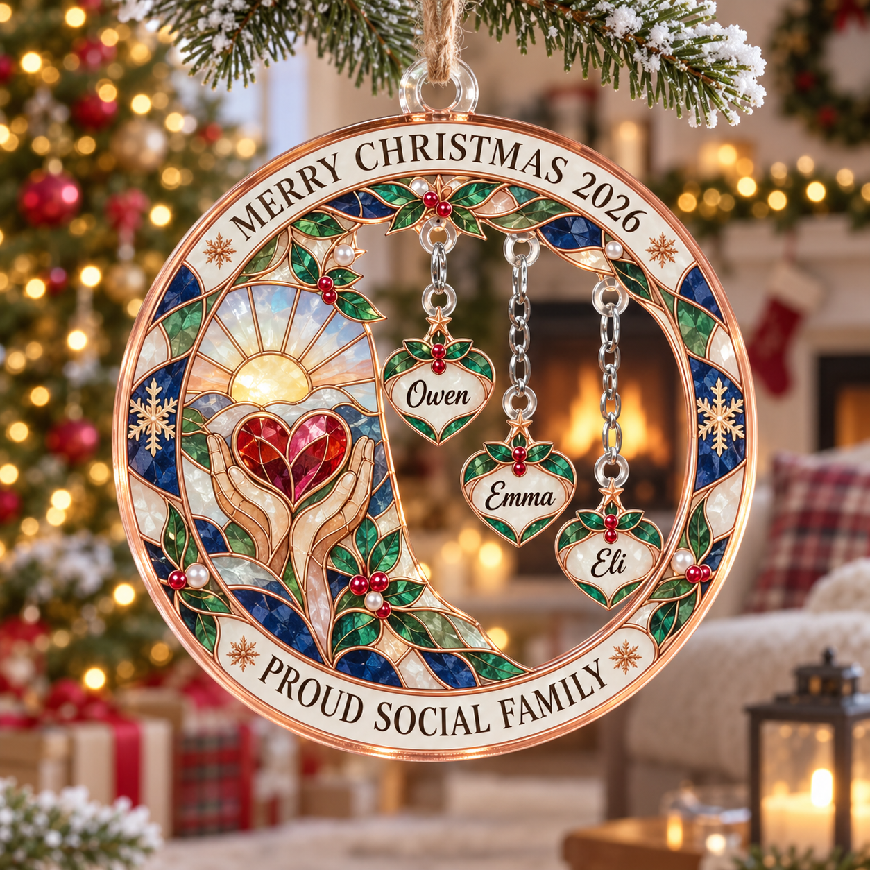 Stained-glass acrylic Christmas ornament with "PROUD SOCIAL FAMILY" and personalised name charms