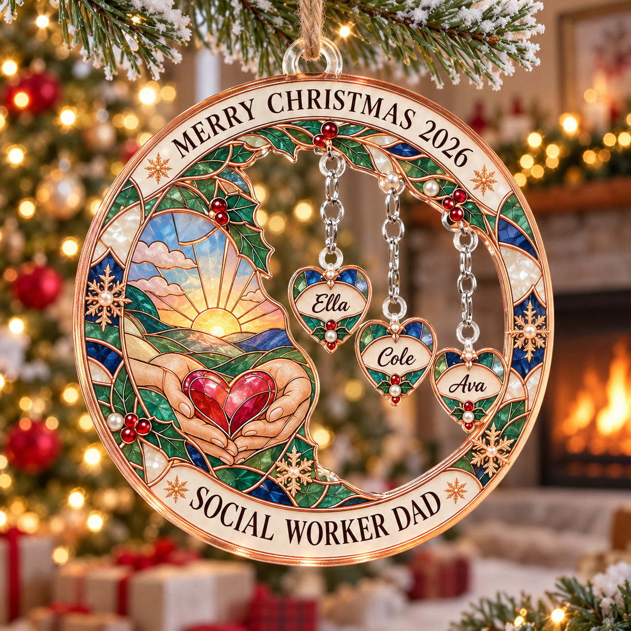 Stained-glass acrylic Christmas ornament with "SOCIAL WORKER DAD" and personalised name charms