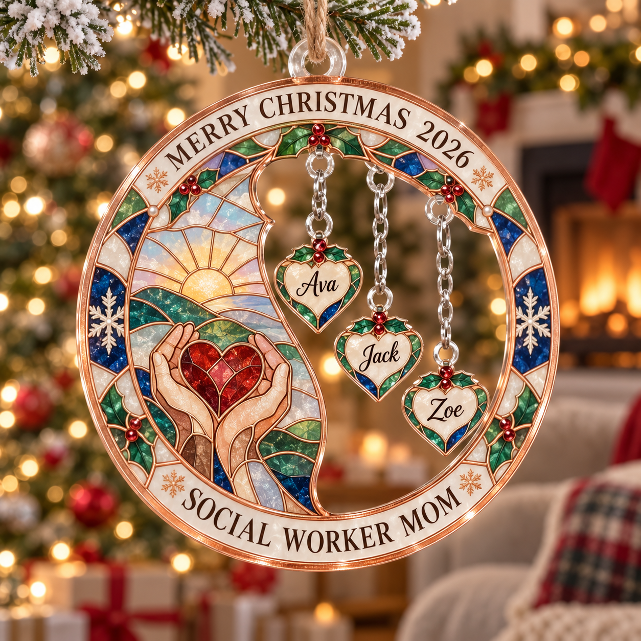 Stained-glass acrylic Christmas ornament with "SOCIAL WORKER MOM" and personalised name charms