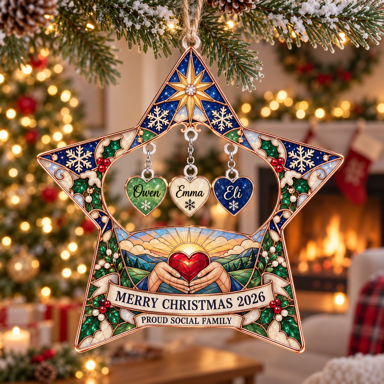 Stained-glass acrylic Christmas ornament with "PROUD SOCIAL FAMILY" and personalised name charms